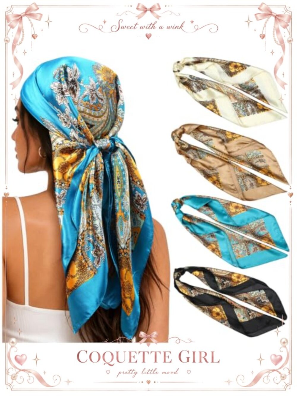 35in Satin Square Head Scarf 4Pc Silk Like Neck Hair Wrap